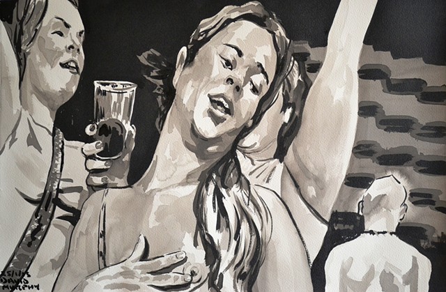 Drunk Women, Flasher, Indian Ink and Brush, drawing, sketch, David Murphy, Cypher, The Panic Artist