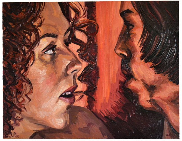 seductress, couple, gaze, look, erotic, oil on wood, oil painting, contemporary painting, contemporary art