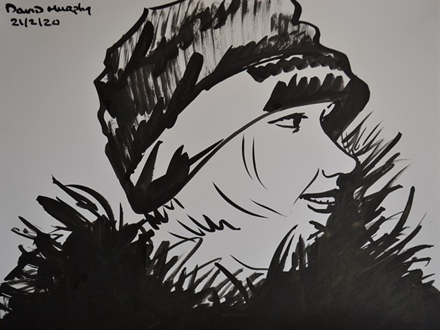 Woman in Furs No. 1, brush and Indian ink, drawing, portrait, david murphy, irish, ireland