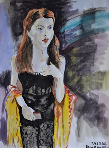 woman about town, female, portrait, david murphy, watercolour, 