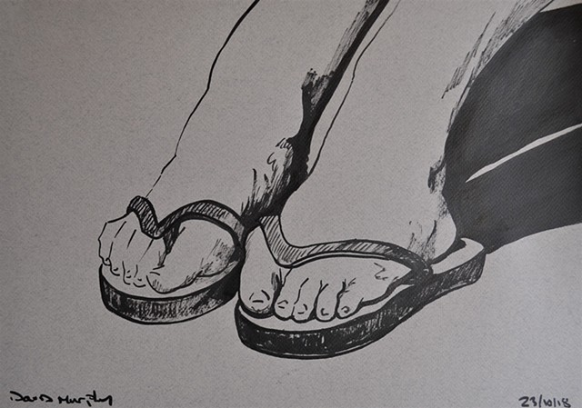 Woman's Feet in Flip-Flops No. 1, drawing, erotic, porn, brush and ink, david murphy, irish, ireland