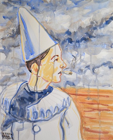 Clown Smoking, watercolour, 2014, david murphy