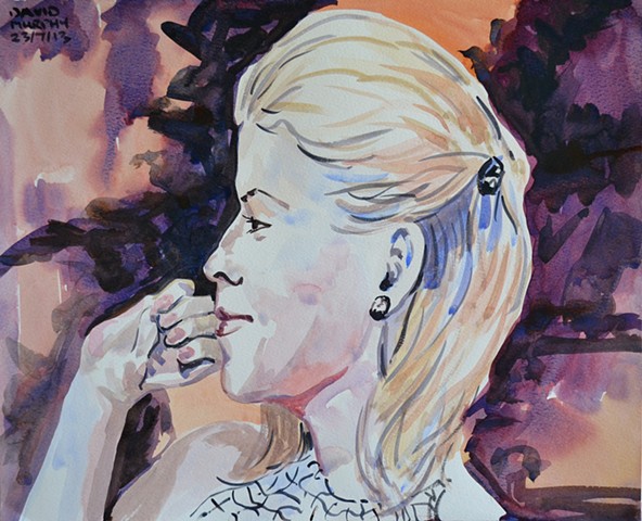 Amused Woman in Profile, watercolour, david murphy