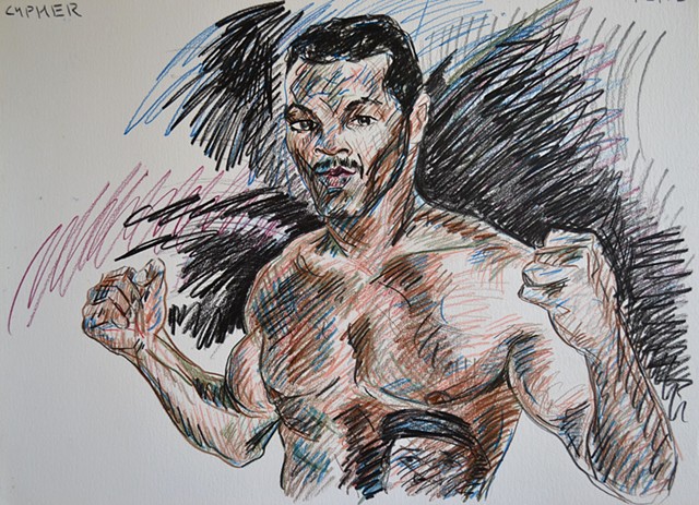 Tyson Flexing, coloured pencils, drawing, david murphy