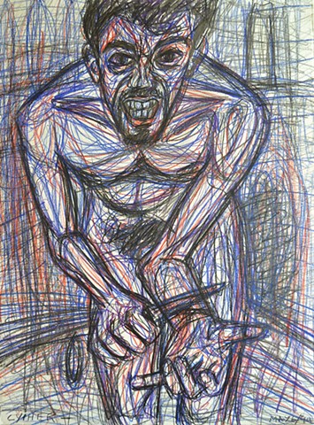 cutting edge, raw, outsider, male nude self-portrait, self-portrait, panic attack, borderline personality disorder, BPD, psychosis, mental illness, anguish, existential, outcast, outsider, confessional art, shock art, shocking art, work on paper, expressi