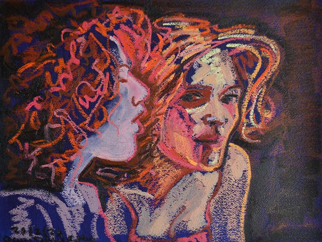Two Girls in Nightclub No. 1, oil pastel, drawing, artwork, david murphy, irish, ireland