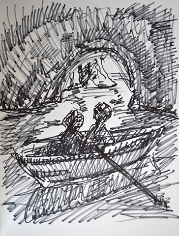 Lovers in Boat in Cave, sketch, study, drawing, notebook, marker, David Murphy, Cypher, The Panic Artist