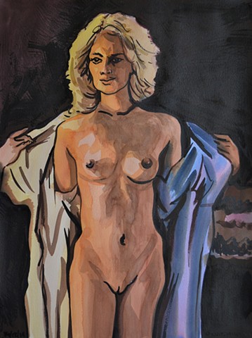 Woman Taking Off Robe, watercolour, erotic, drawing, artwork, painting, david murphy, irish, ireland