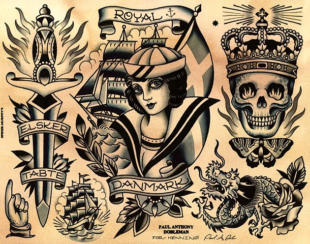 Tattoo Flash, Danish Tattoo Flash, Royal Tattoo Flash, Skull, Crown, Dagger