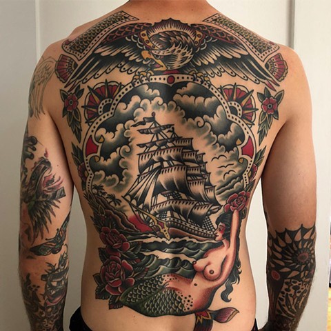Back piece tattoo, Traditional back piece tattoo, ship tattoo, mermaid tattoo