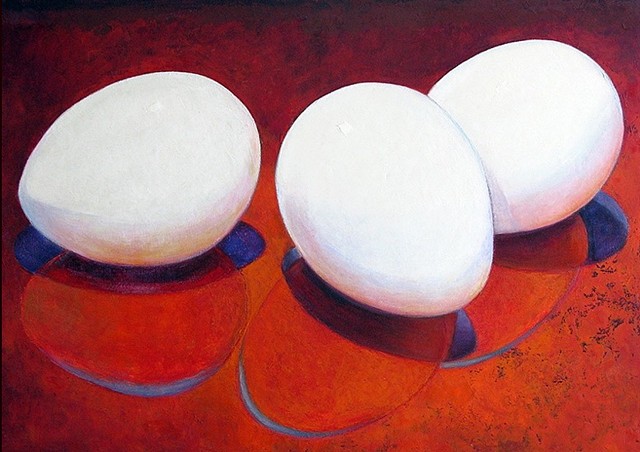 three white eggs on red background with blue and orange shadows/ oil painting