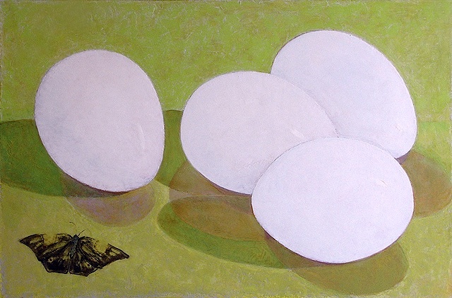 four white eggs on a lime green background and brown butterfly / oil painting