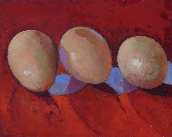 3 brown eggs on red background, with blue shadows; oil painting; art