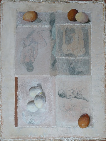 three brown eggs and two white eggs with three figures on a gray background; oil painting; art