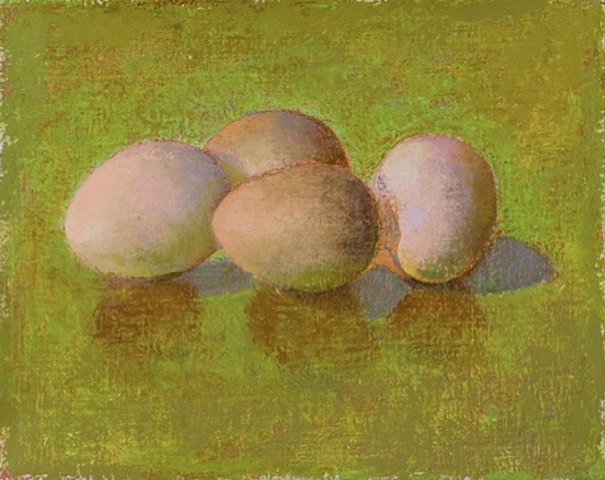 four brown eggs on lime green background; oil painting; art