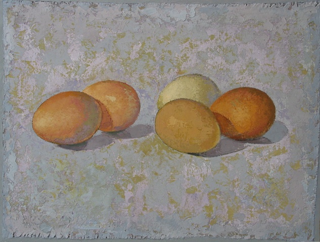   four brown eggs and one white egg  on a gray- green background; oil painting; art