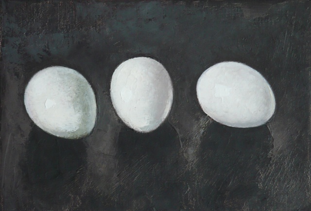 three white eggs on charcoal gray background; oil painting; art
