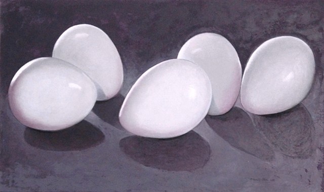 five white eggs on gray background/ oil painting