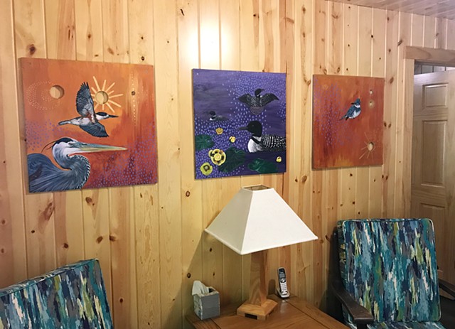 Set of triptych paintings I made out of wood scraps found at our family cabin. The paintings reside there permanently, and they depict a Great Blue Heron, King Fishers, and Common Loons. 