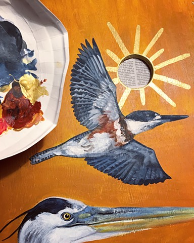 Process picture from a set of triptych paintings I made out of wood scraps found at our family cabin. The paintings reside there permanently, and they depict a Great Blue Heron, King Fishers, and Common Loons. 