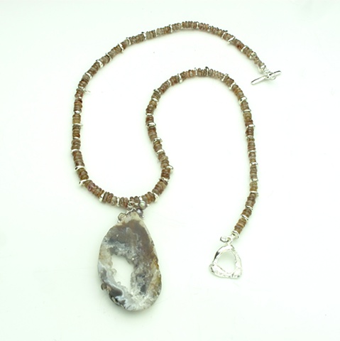 crystalized agate slice pendant hangs from necklace of faceted Australian natural zircon & silver beads, silver toggle finishes the piece, 17" length, 2" pendant  (#818)