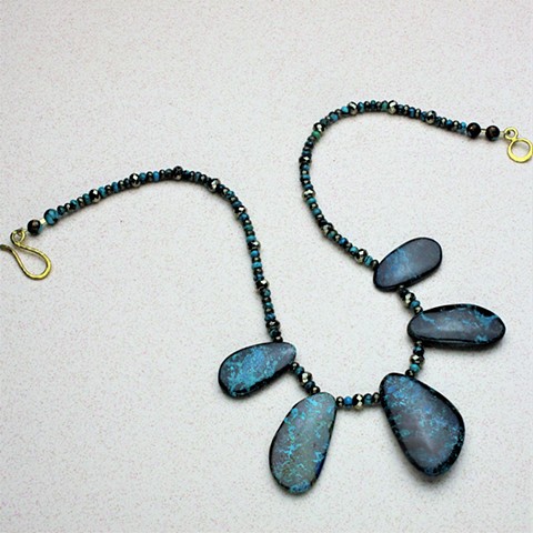 Caribbean hued, beautifully matrixed shattuckite paired w/ turquoise & pyrite beads, finished w/ a brass hook & eye clasp (#801)