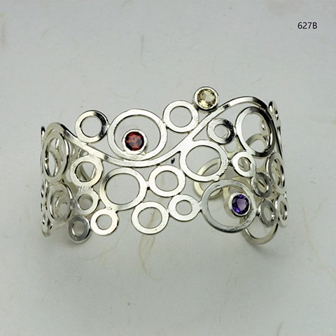 floating orbs silver cuff bracelet: embellished with bezel set faceted 5mm amethyst, citrine and garnet gems (#627B)