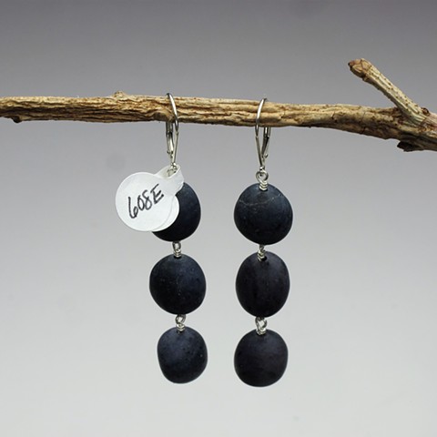 3 wire wrapped dumortierite pebble beads hang from sterling leverback (2")  (color is subtle mottled blue/black) (#608E)