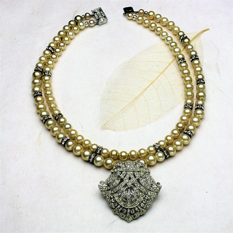 Double strand vintage pearls w/ vintage rhinestone dress clip #323