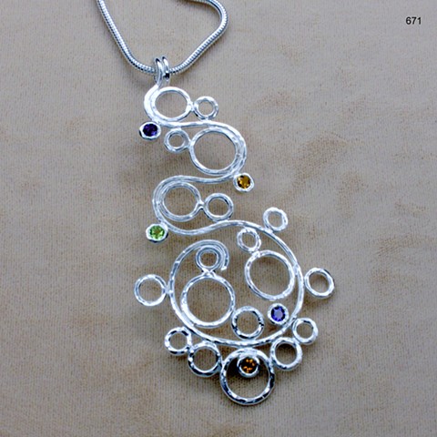 gem enhanced floating orbs sterling silver pendant on sterling chain #671