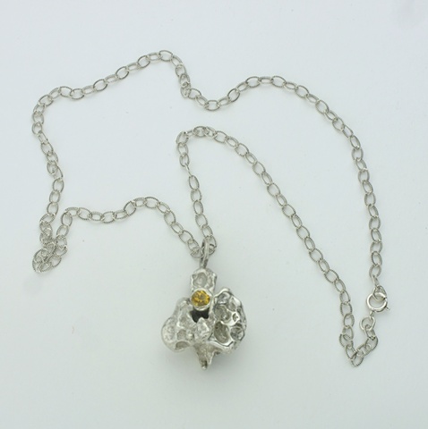 poured silver pendant w/ bezel set citrine on 16" silver chain (#848)