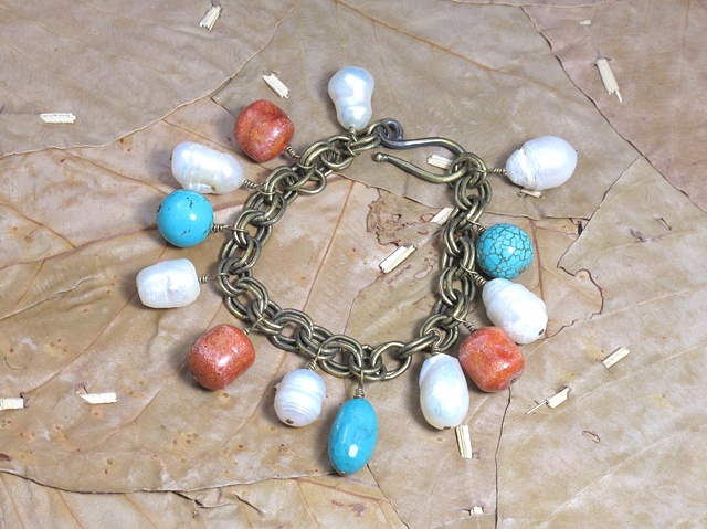 vintage brass bracelet w/ pearls, coral & turquoise (#690)