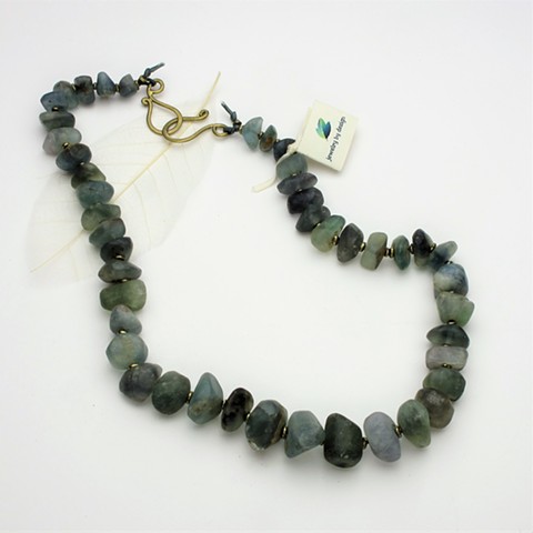 earthly delight: old tumbled fluorite nuggets strung on silk cord with brass beads & clasp, 24" (#927)