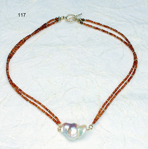2 strand small faceted spessartite (mandarin garnet) w/ large baroque pearl, 24 kt vermeil beads, gold filled toggle (#117) for coordinating earrings, see baroque pearls w/ spessartite dangles (#722E)