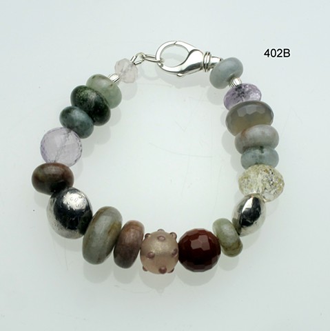earth-toned assorted semi precious beads w/ handcrafted silver beads, silver lobster clasp, 7" (#402B)