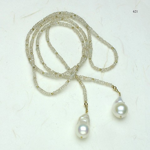 glimmering lariat: faceted natural zircon accented by vermeil beads, baroque pearl danglers(#621) for coordinating earrings, see #621E