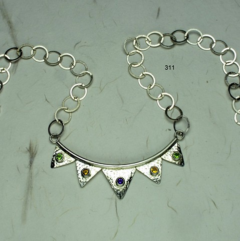 curved sterling neck piece w/ five 5mm bezel set gem stones (peridot, citrine & amethyst) with sterling link chain & lobster clasp (#311)