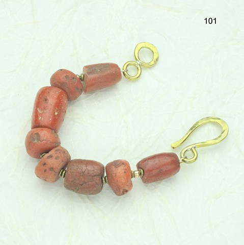 old African coral bracelet w/ brass beads & large hook clasp, fits 6" wrist (#101B)