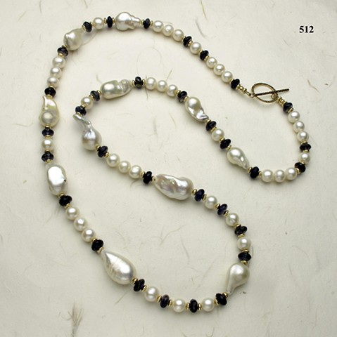 34" rope of pearls, baroque and 9mm, faceted iolite, gold filled beads and toggle (#512)
