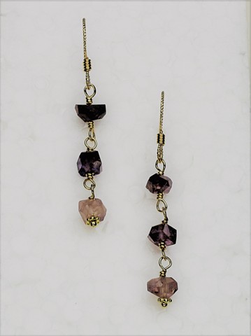 purple hued rough cut wire wrapped sapphires on g/f non-slip ear wires, 1" (#737E)