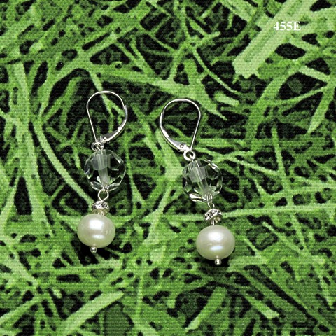 cut crystal, pearl, rhinestone rondelle on silver leverback earrings (#455E)
