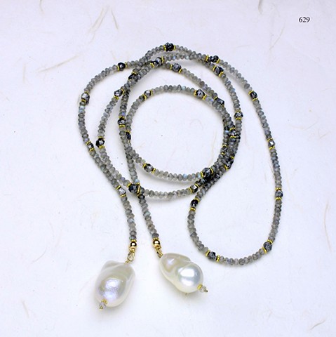 luminescent labradorite: faceted labradorite lariat accented with s/p quartz & vermeil beads, baroque pearl danglers