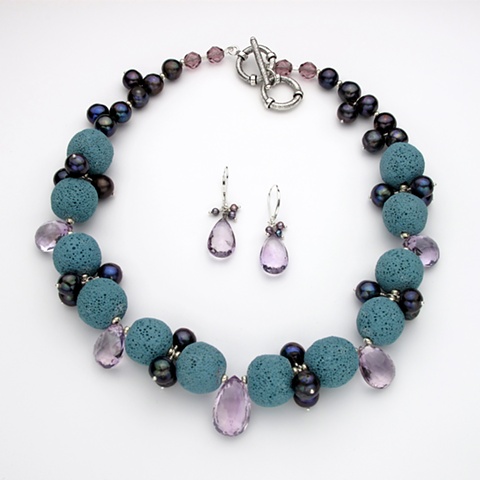 simply fabulous; teal lava rock w/ amethyst briolettes & peacock pearls, double toggle for length choice (#768) (sorry earrings have been sold)