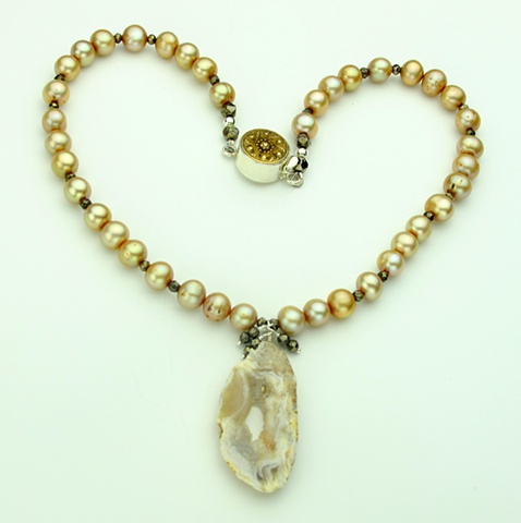 champagne pearls, crystalized agate slice, faceted pyrite, vintage brass button silver clasp (#767)