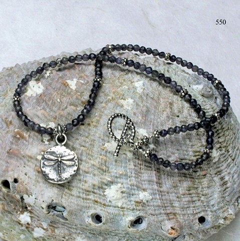 delicate iolite choker w/ Bali silver accents and a silver dragonfly charm, finished with a silver toggle (#550)
