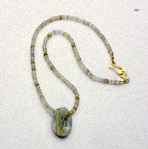 rutilated quartz focal pendant w/ faceted rutilated quartz, vermeil Bali beads and finished with a vermeil hook and eye clasp (16") (#582)