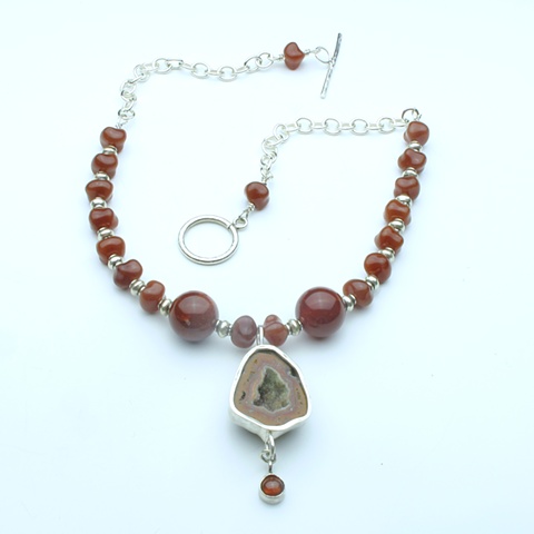 fire and ice:  bezel set geode pendant w/ hessonite garnet drop, vintage glass beads, silver beads, chain & toggle clasp (16" necklace, pendant hangs 2") (#811)