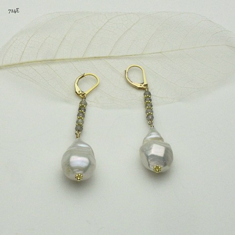 a baroque pearl hangs from faceted laborodite w/ vermeil Bali spacers on gold filled leverbacks (#724E)