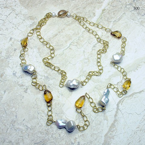 double strand vermeil link chain with citrine and baroque pearls (#300)
