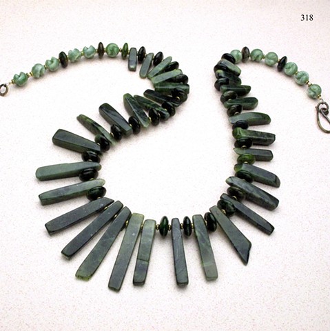 statement 27" necklace of green jade accented with green opal rondelles, vintage lucite and brass findings (#318)